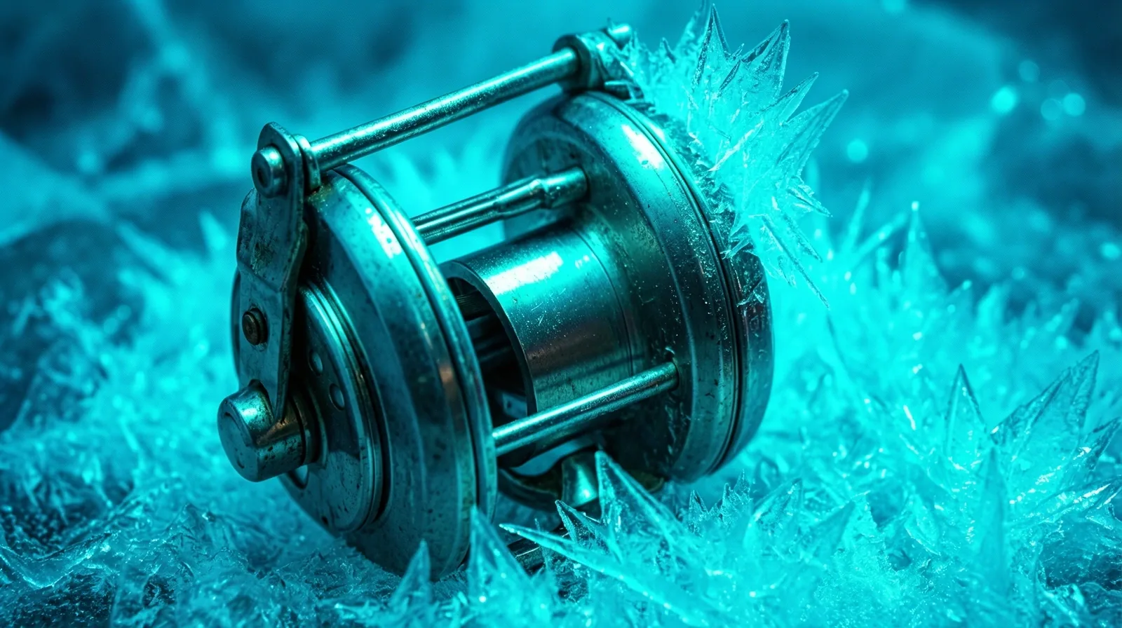 Arctic fishing reel encrusted in ice
