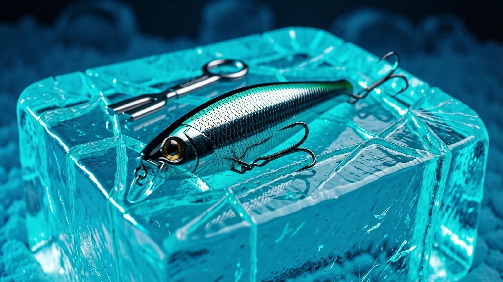 Frozen arctic fishing gear under neon lights